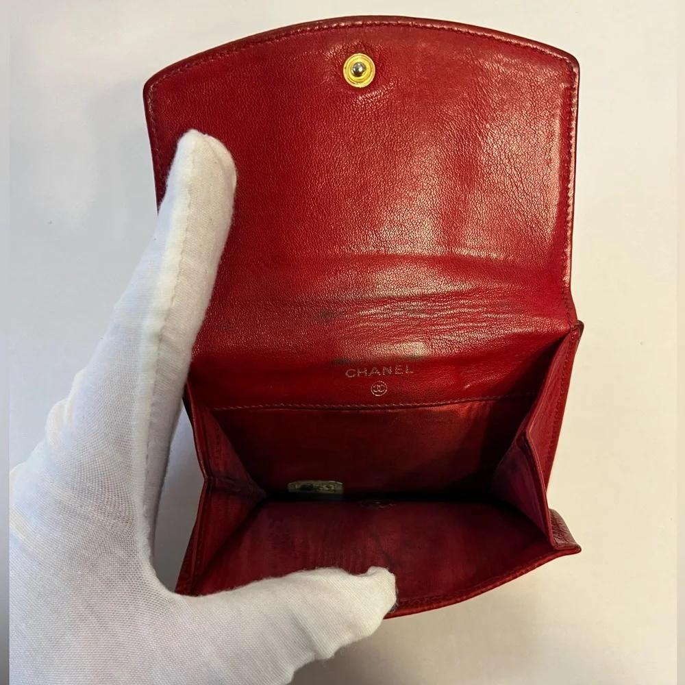 Authentic CHANEL Red Caviar Leather‎ Compact Wallet